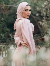 Blush Chiffon Prom Dresses for Hijab Women High Neck Long Sleeves Floor Length A Line Pleats Muslim robe femme soirée Party Gown